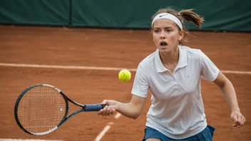 Et bilde av en ung tennisspiller i midten av en kamp, med ballen flygende gjennom luften.