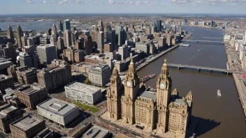 Flyfoto av Liverpool by med Liver Building og Mersey-elven i forgrunnen