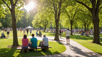 En offentlig park med en lekeplass, benker og en dam, omgitt av trær og grønne områder.