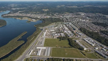 Flyfoto av Fornebu, et tidligere flyplass og nåværende næringslivs- og boligområde.