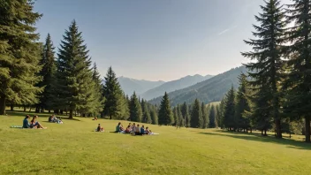 En fredelig og rolig ferie scene med mennesker som slapper av i et malerisk landskap.