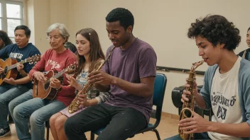 En gruppe mennesker av ulik alder og bakgrunn spiller musikkinstrumenter sammen i et samfunnssenter, med en dirigent som leder dem.