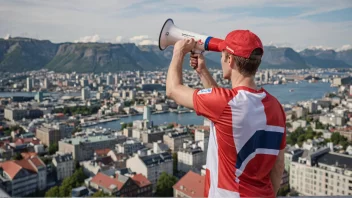 En person i idrettsutstyr som taler for idrettspolitikk med en bysilhuett og et norsk flagg i bakgrunnen.