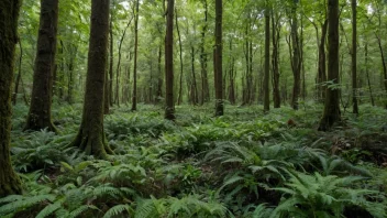 En skog med en rik undervegetasjon av planter og trær