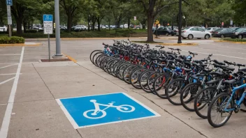 En sykkelparkering med flere sykler parkert på rekke, med en skilt som sier 'Sykkelparkering' i bakgrunnen.