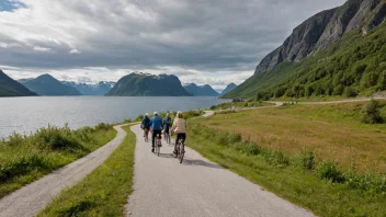 En offentlig sti i Norge med mennesker som går og sykler sammen.