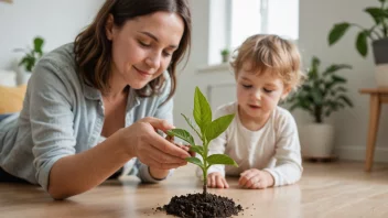 En person som passer på en plante, mens et barn leker i bakgrunnen.