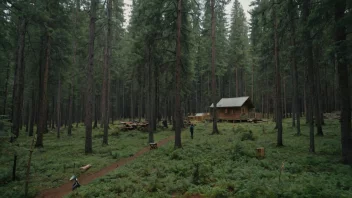 En skog med en blanding av små og store trær, med en liten hytte i bakgrunnen og mennesker som arbeider i skogen.