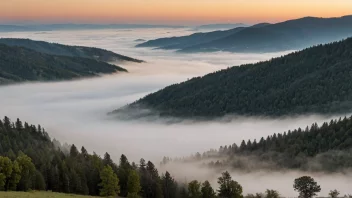 Et tåkete landskap med en dal og åser i bakgrunnen