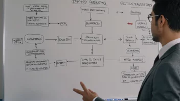 En forretningsperson som står foran en whiteboard med et flytdiagram av selskapets filosofi, med et selvbevisst uttrykk