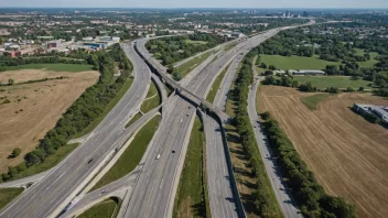 En motorvei som går rundt en by, med en tydelig utsikt over veien og landskapet rundt.