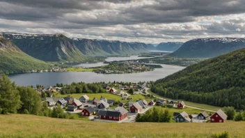 Et idyllisk og malerisk landskap i Norge, med en liten landsby eller by i bakgrunnen, som representerer den geografiske og kulturelle betydningen av Veitvets.