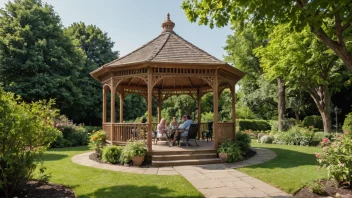 Et fredelig og rolig bilde av et lysthus eller et lite hus i en hage eller park, med mennesker som slapper av og nyter utendørs.