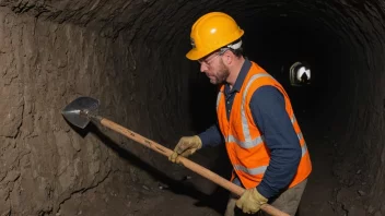 En tunnelarbeider i gul hjelm og oransje vest, som arbeider i en tunnel.