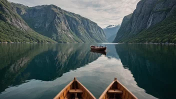 En tradisjonell norsk båt, med et naturskjønt fjordlandskap i bakgrunnen.