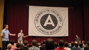 En gruppe amatørskuespillere øver på et teaterstykke i en teatersal, med et banner eller logo fra deres forbund i bakgrunnen.