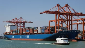 Et containerskip fortøyd ved en havn, med last som blir losset og transportert til et lager.