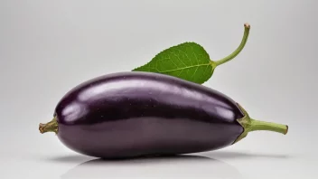 En enkelt auberginefrukt på en hvit bakgrunn, med noen blader og en stilk festet til den.