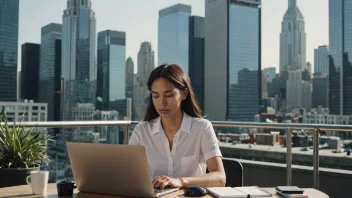 En person som jobber uavhengig med en laptop og en notatbok, med en bysilhuett i bakgrunnen.