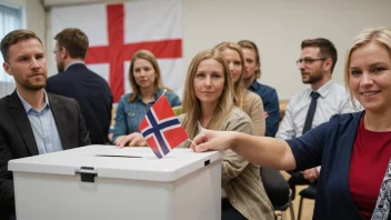 En gruppe mennesker som deltar i en demokratisk prosess, med et norsk flagg i bakgrunnen.