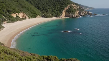 En fredelig og naturlig kystlinje med en strand og nærliggende geografiske trekk