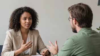 To personer sitter i et møterom, hvor en person snakker og den andre personen lytter nøye.