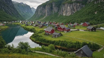 En fredelig bygd i Norge omgitt av frodig grønne og tradisjonelle trehus