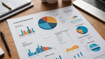 En illustrasjon av en budsjettmodell, med ulike diagrammer og grafer som viser prosjektplanen.