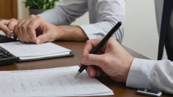 En person som skriver en rapport eller anmeldelse ved et skrivebord, med en klokke eller kalender i bakgrunnen.