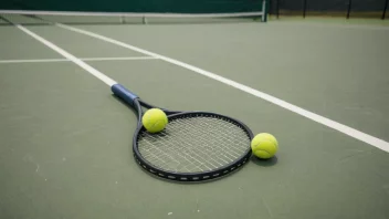 En tennisracket på en tennisbane med en tennisball i nærheten