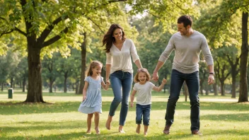 En familie med to voksne og to barn som leker sammen i en park.