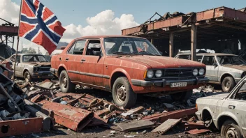 En bil som blir skrotet på en bilkirkegård, med et norsk flagg i bakgrunnen.