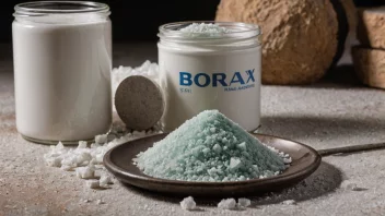 Et boraksmineral på en hvit bakgrunn, med en glass- og keramikkproduksjonsprosess i bakgrunnen.