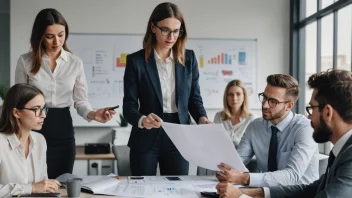 En markedsdirektør som leder et team av profesjonelle i et moderne kontormiljø.