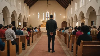 En person som leder en menighet i bønn, med en kirke i bakgrunnen.