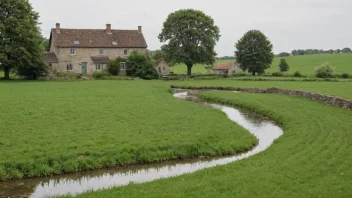 Et fredelig landskap med en grønn åker, noen trær og en liten bekk som renner gjennom den, med en gård i bakgrunnen.