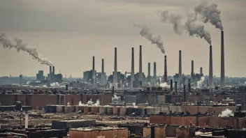 Et forurenset industriområde med en by i bakgrunnen.