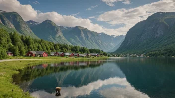 Et malerisk landskap av en norsk bygd omgitt av natur og dyreliv.