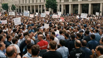 En masseprotest i en bys torg, med demonstranter som holder skilt og bannere, og politibetjenter som står ved siden av.