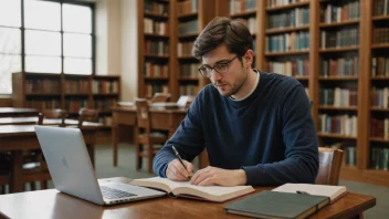 En student i teologi som sitter i et bibliotek omgitt av bøker og arbeider på en laptop