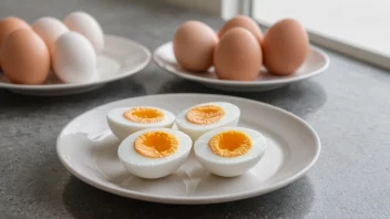 En tallerken med lettkokte egg og en timer i bakgrunnen.