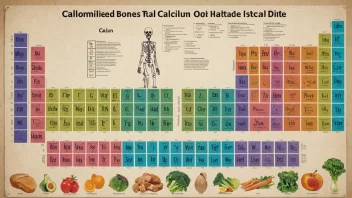 En illustrasjon av periodesystemet med kalsium fremhevet, omgitt av bilder av friske bein og en balansert kost.