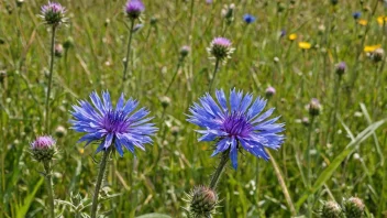 En blåveis i en mark med blomster.