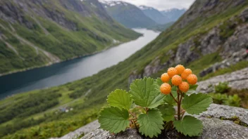 En multeplante med modne multer i et norsk fjellandskap.