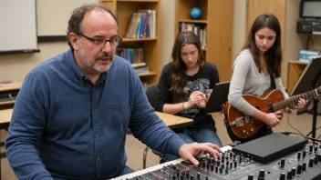 En audiopedagog som arbeider med elever i et musikkrom.