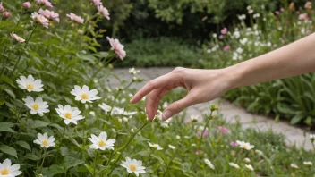 En person berører forsiktig en ømfintlig blomst i en hage.