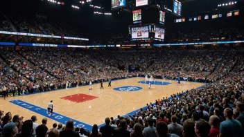 En idrettsarena med en folkemengde som heier og en basketballkamp i gang.