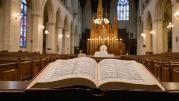 En salmebok med et klassisk omslag og gulnede sider, liggende åpen på et trebord med en kirke eller et kor som synger i bakgrunnen