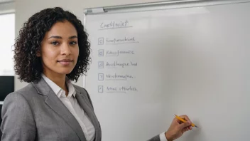 En person med et selvbevisst uttrykk, stående foran en whiteboard med en sjekkliste, som illustrerer selvdisiplin og organisasjon.