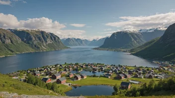 Et pittoreskt norsk landskap med en liten bosetning i det fjerne.